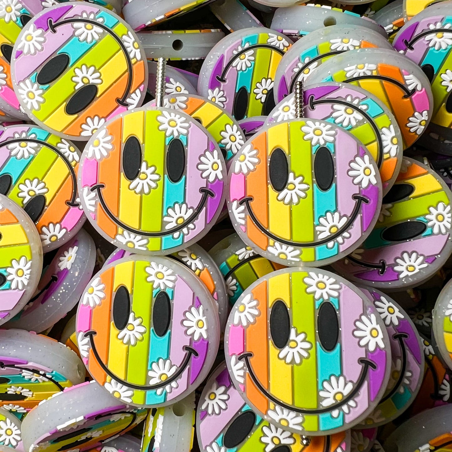 Rainbow Boho Daisy Smile Silicone Focal Beads (pack of 2)