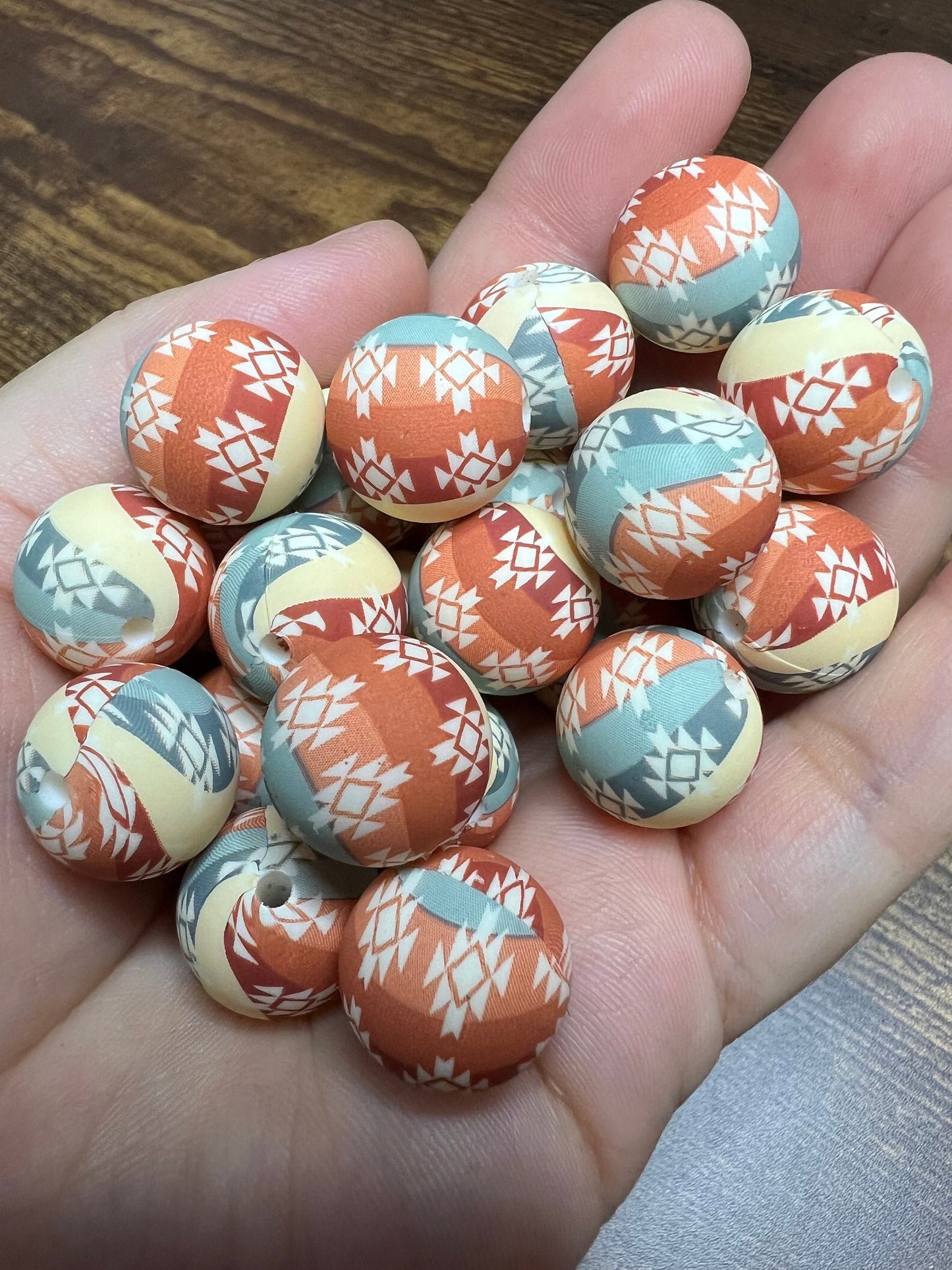 15mm Aztec Print Silicone Beads, Western Print Silicone Beads (pack of 10)
