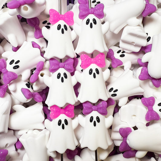 EXCLUSIVE 3D Ghost with Bow Silicone Focal Bead (Pack of 2