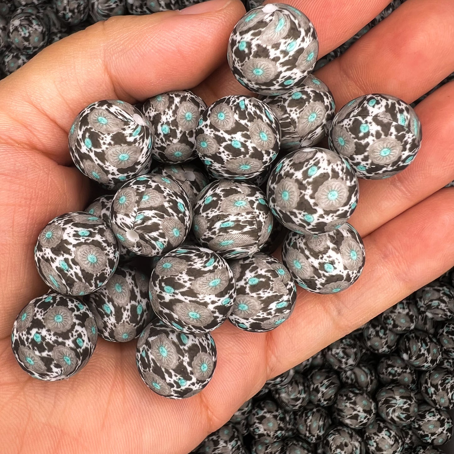 15mm Turquoise Stone Cow Print Silicone Beads (pack of 10)