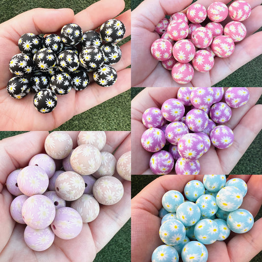 15mm Daisy Print Silicone Beads (pack of 10)