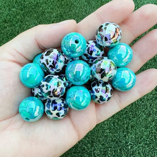 16mm Cow Print & Turquoise Stone Acrylic Beads (pack of 30)