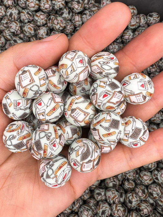 15mm Nurse Print Silicone Beads (pack of 10)